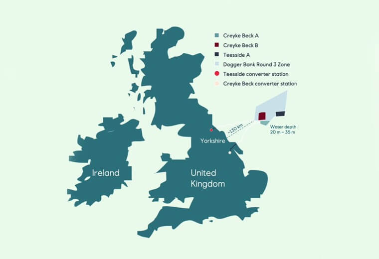 De Dogger Bank windparklocaties met de oude namen Creyke Bank A en Creyke Bank B worden nu onder de namen Dogger Bank A, Dogger Bank B voor de kust van Yorkshire aangelegd. (Afb.: Dogger Bank Wind Farm consortium)