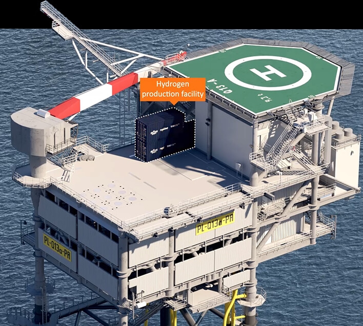 Het Q13a gasproductieplatform waarop het PosHYdon project wordt uitgevoerd.
(Foto: Neptune Energy)